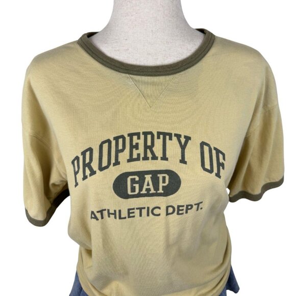 Vintage GAP Property Of Athletic Dept. Ringer Tee Tan Green 90s Y2K - Picture 2 of 3